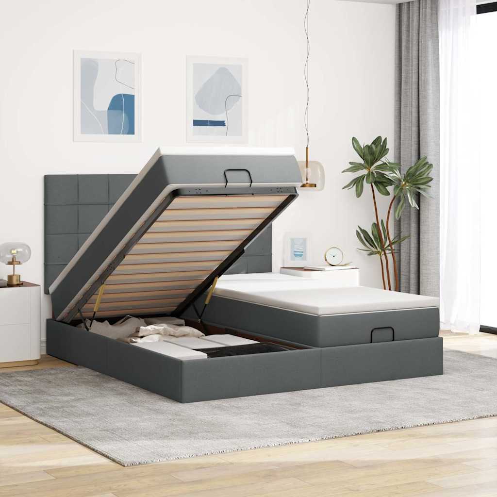 Cadre de lit ottoman avec matelas gris foncé 200x200cm tissu - XIOS