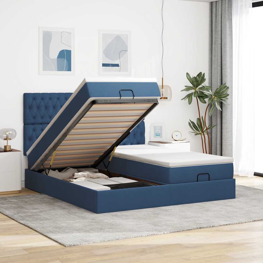 Cadre de lit ottoman avec matelas bleu 180x200 cm tissu - XIOS