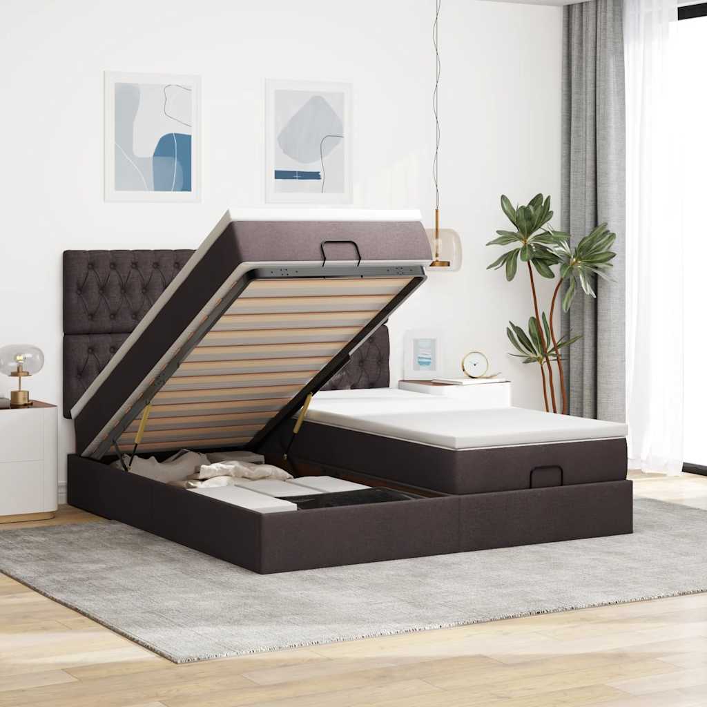 Cadre de lit ottoman avec matelas marron foncé 200x200 cm tissu - XIOS