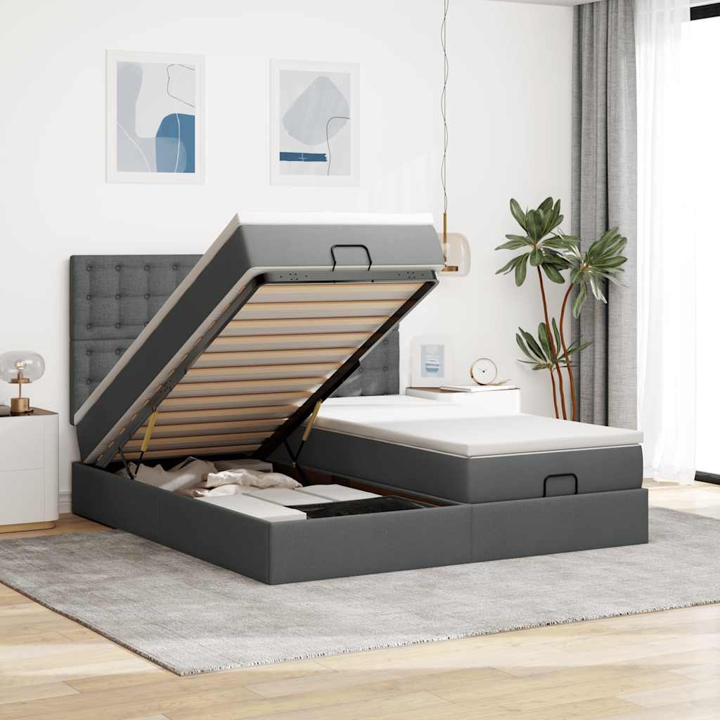 Cadre de lit ottoman avec matelas gris foncé 160x200cm tissu - XIOS