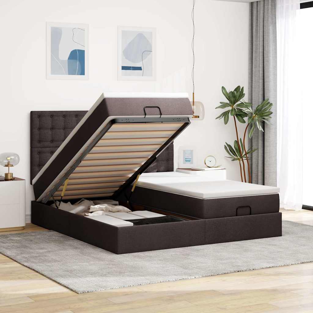 Cadre de lit ottoman avec matelas marron foncé 160x200 cm tissu - XIOS