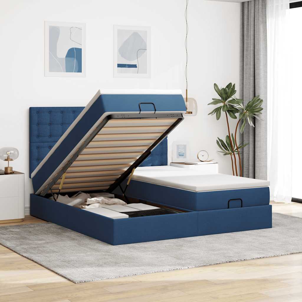 Cadre de lit ottoman avec matelas bleu 160x200 cm tissu - XIOS