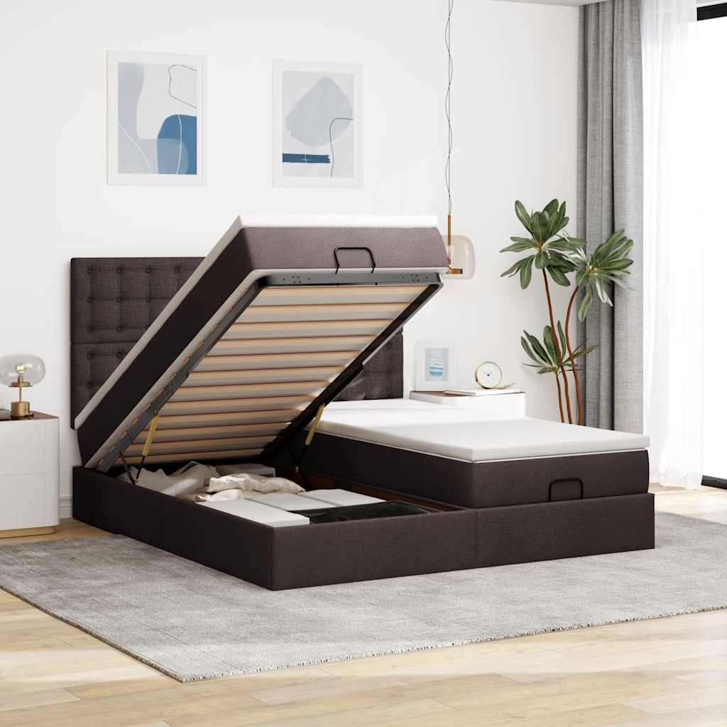 Cadre de lit ottoman avec matelas marron foncé 180x200 cm tissu - XIOS