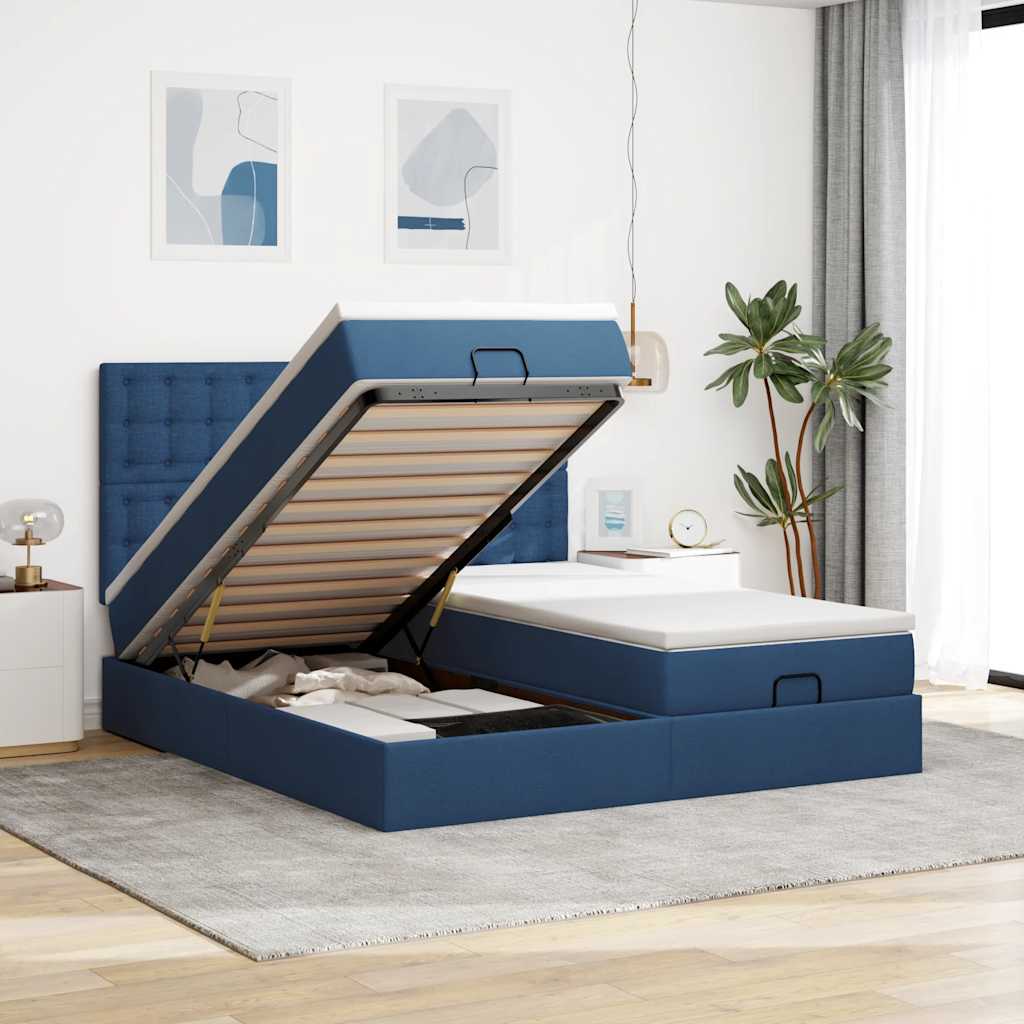 Cadre de lit ottoman avec matelas bleu 180x200 cm tissu - XIOS