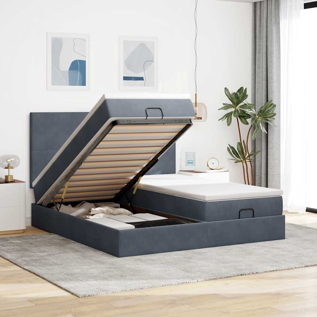 Cadre de lit ottoman avec matelas gris foncé 160x200cm velours - XIOS