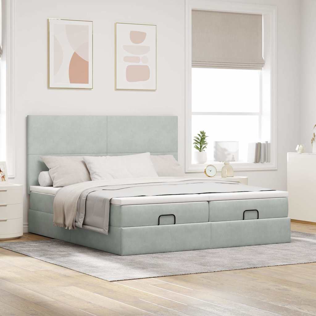 Cadre de lit ottoman et matelas gris clair 180x200cm velours - XIOS