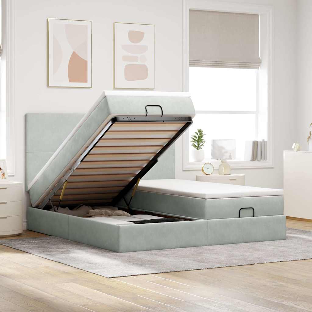 Cadre de lit ottoman et matelas gris clair 180x200cm velours - XIOS