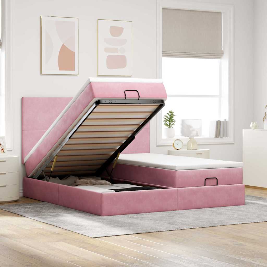 Cadre de lit ottoman avec matelas rose 180x200 cm velours - XIOS