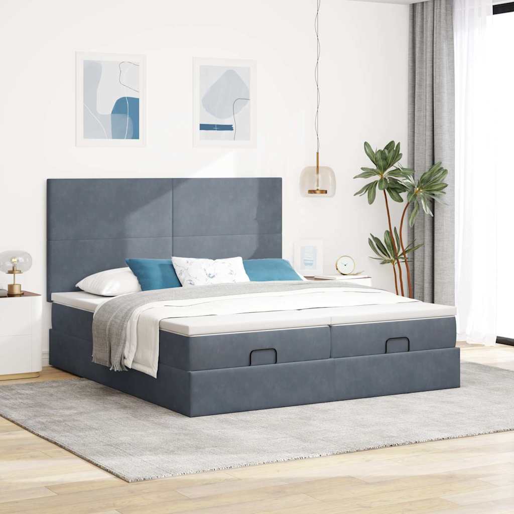 Cadre de lit ottoman avec matelas gris foncé 200x200 cm velours - XIOS