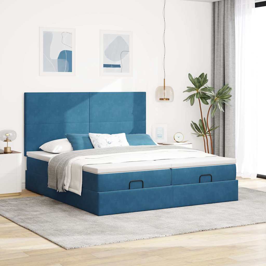 Cadre de lit ottoman avec matelas bleu foncé 200x200 cm velours - XIOS