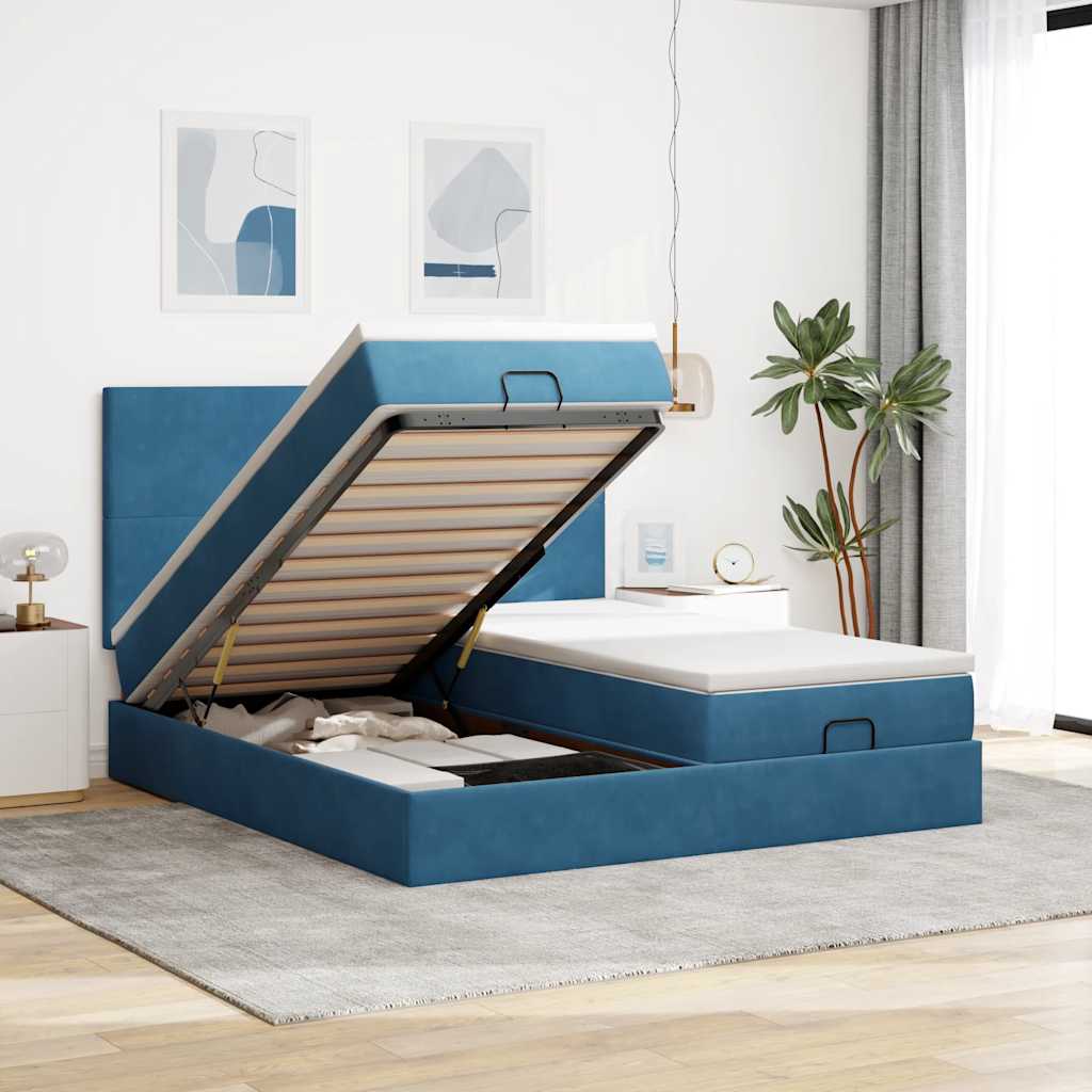 Cadre de lit ottoman avec matelas bleu foncé 200x200 cm velours - XIOS