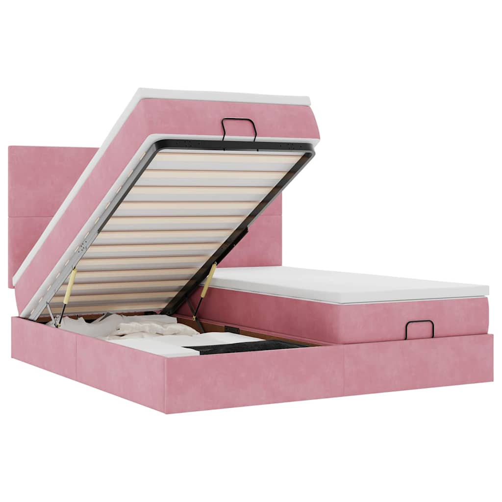 Cadre de lit ottoman avec matelas rose 200x200 cm velours - XIOS
