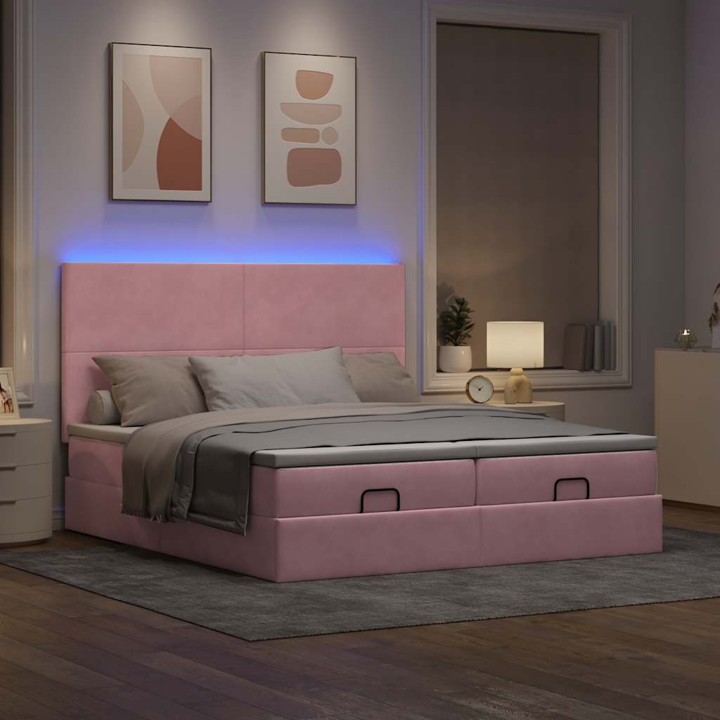 Cadre de lit ottoman avec matelas rose 200x200 cm velours - XIOS