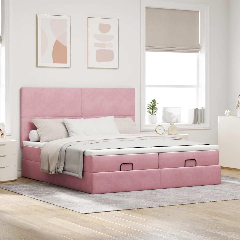 Cadre de lit ottoman avec matelas rose 200x200 cm velours - XIOS