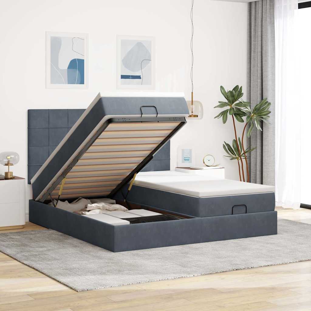 Cadre de lit ottoman avec matelas gris foncé 160x200cm velours - XIOS