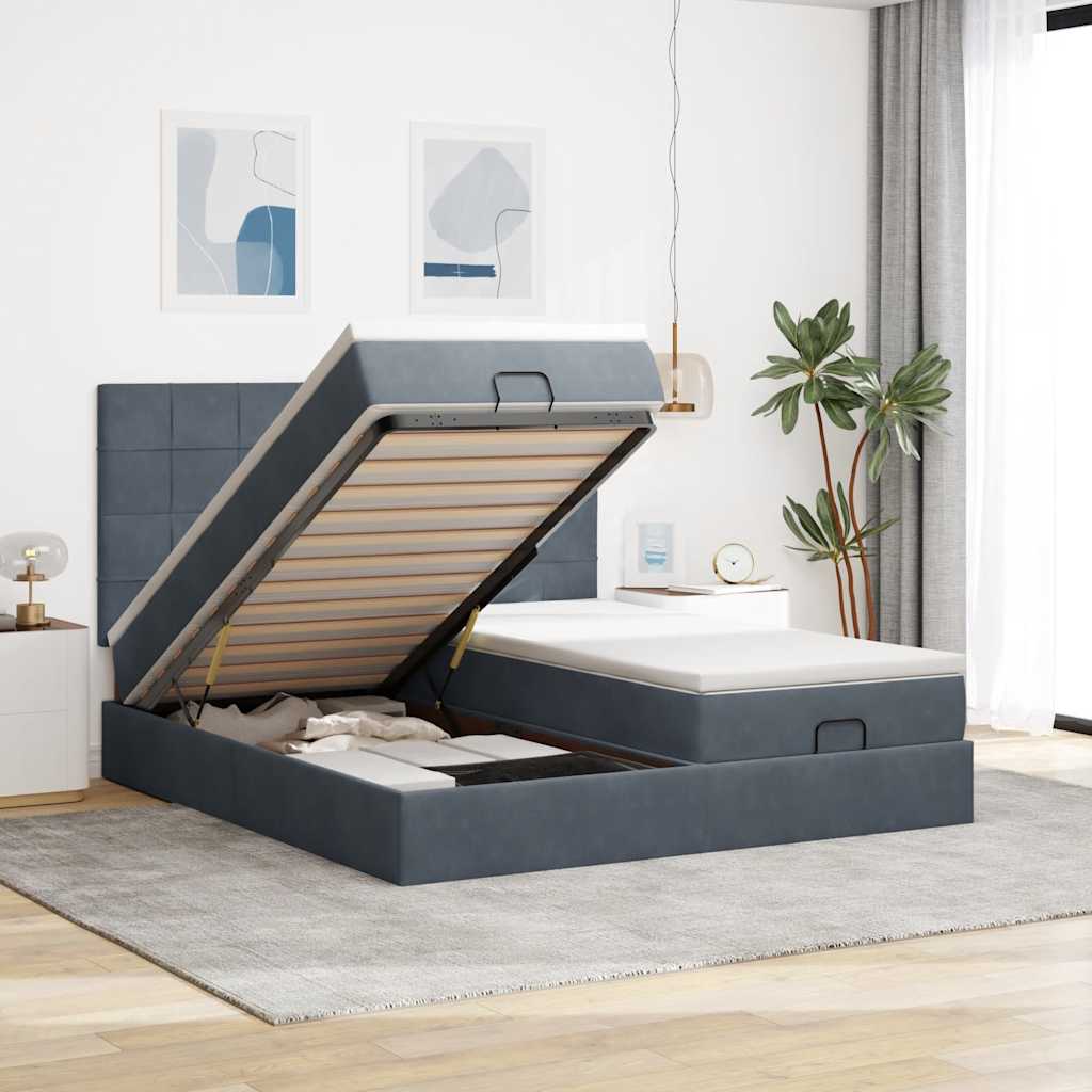 Cadre de lit ottoman avec matelas gris foncé 180x200cm velours - XIOS