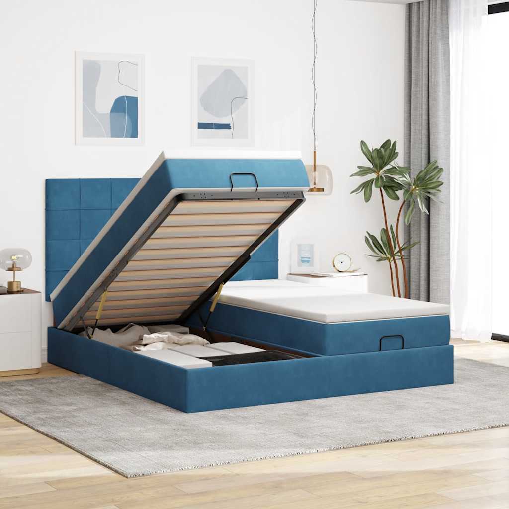 Cadre de lit ottoman avec matelas bleu foncé 180x200 cm velours - XIOS