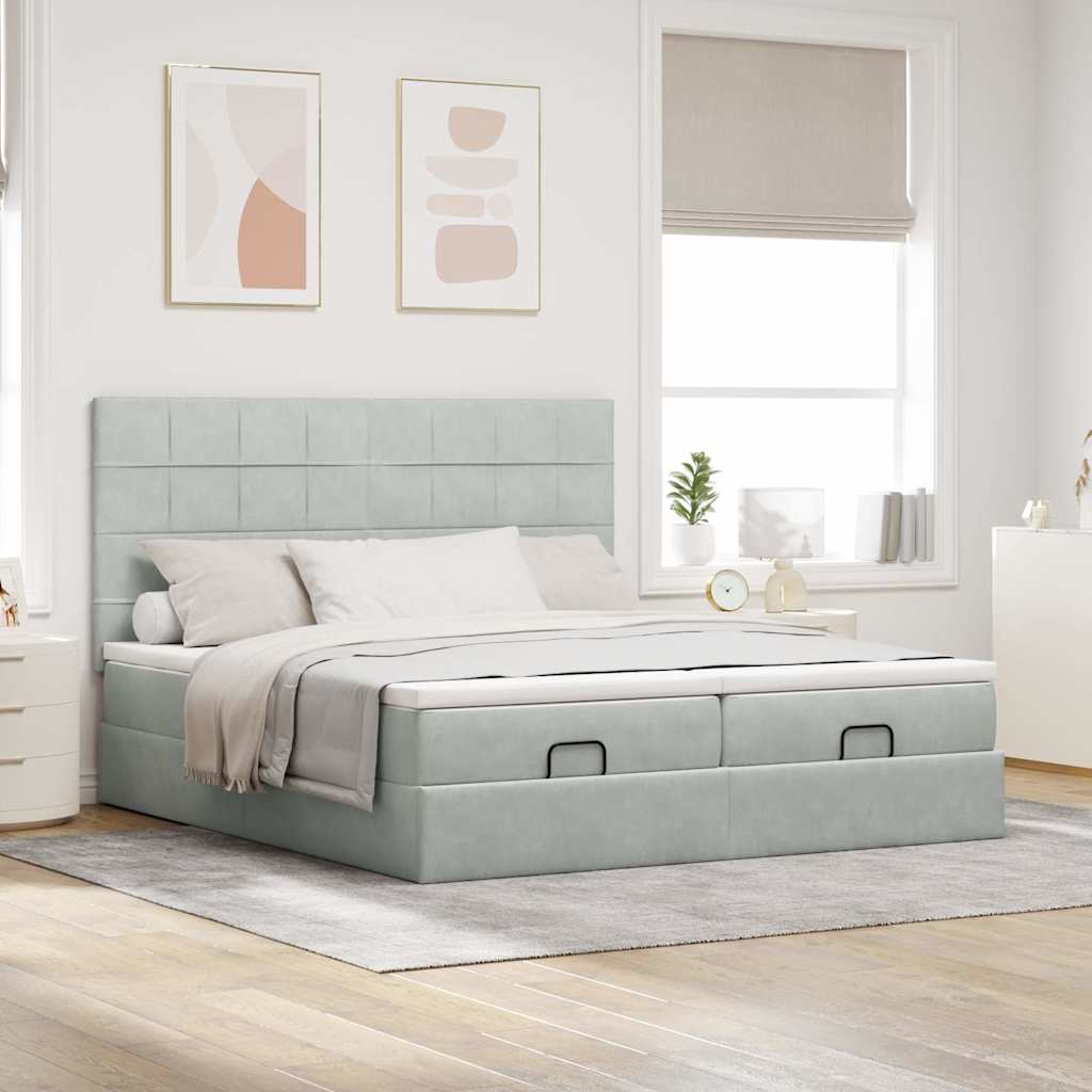 Cadre de lit ottoman avec matelas gris clair 200x200 cm velours - XIOS