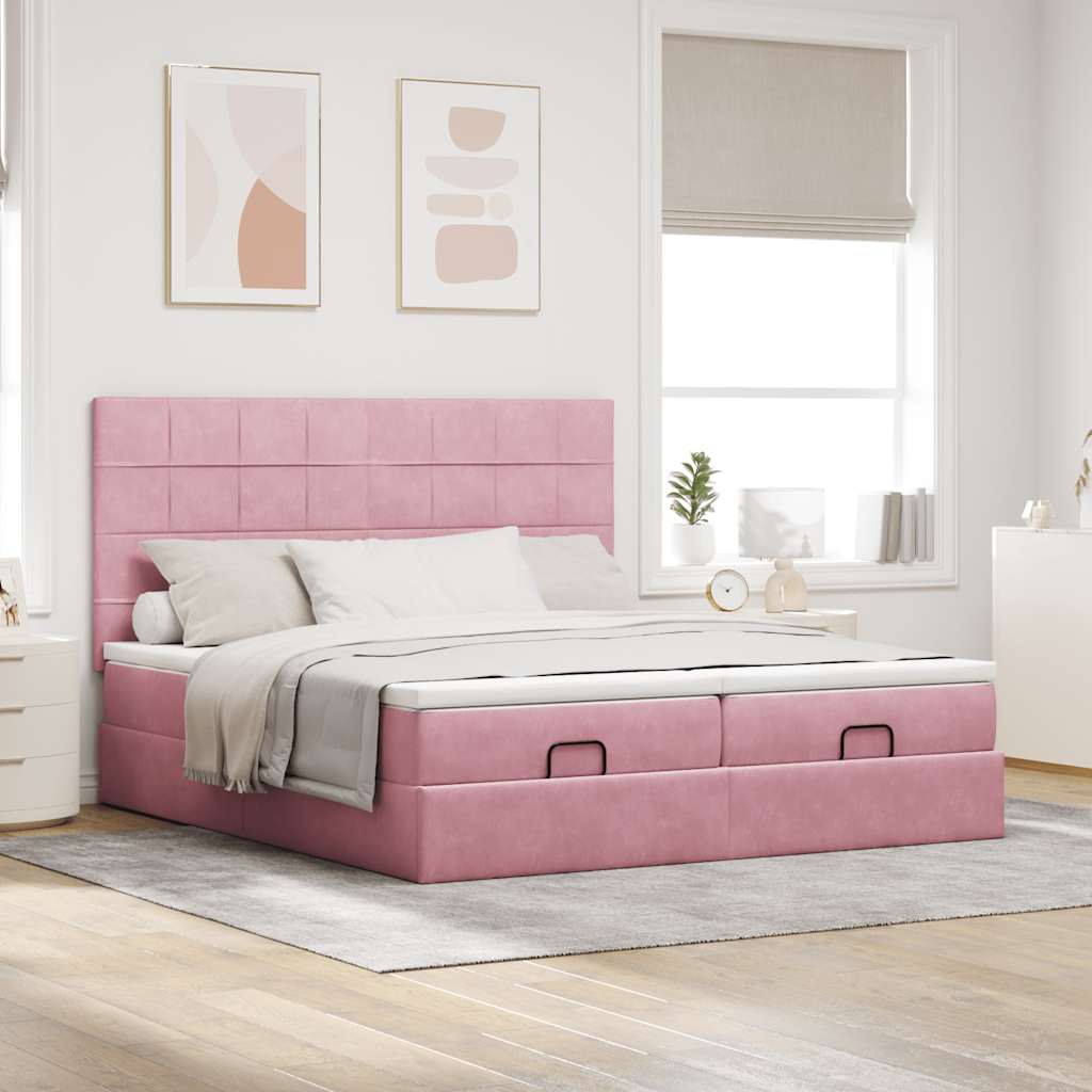 Cadre de lit ottoman avec matelas rose 200x200 cm velours - XIOS