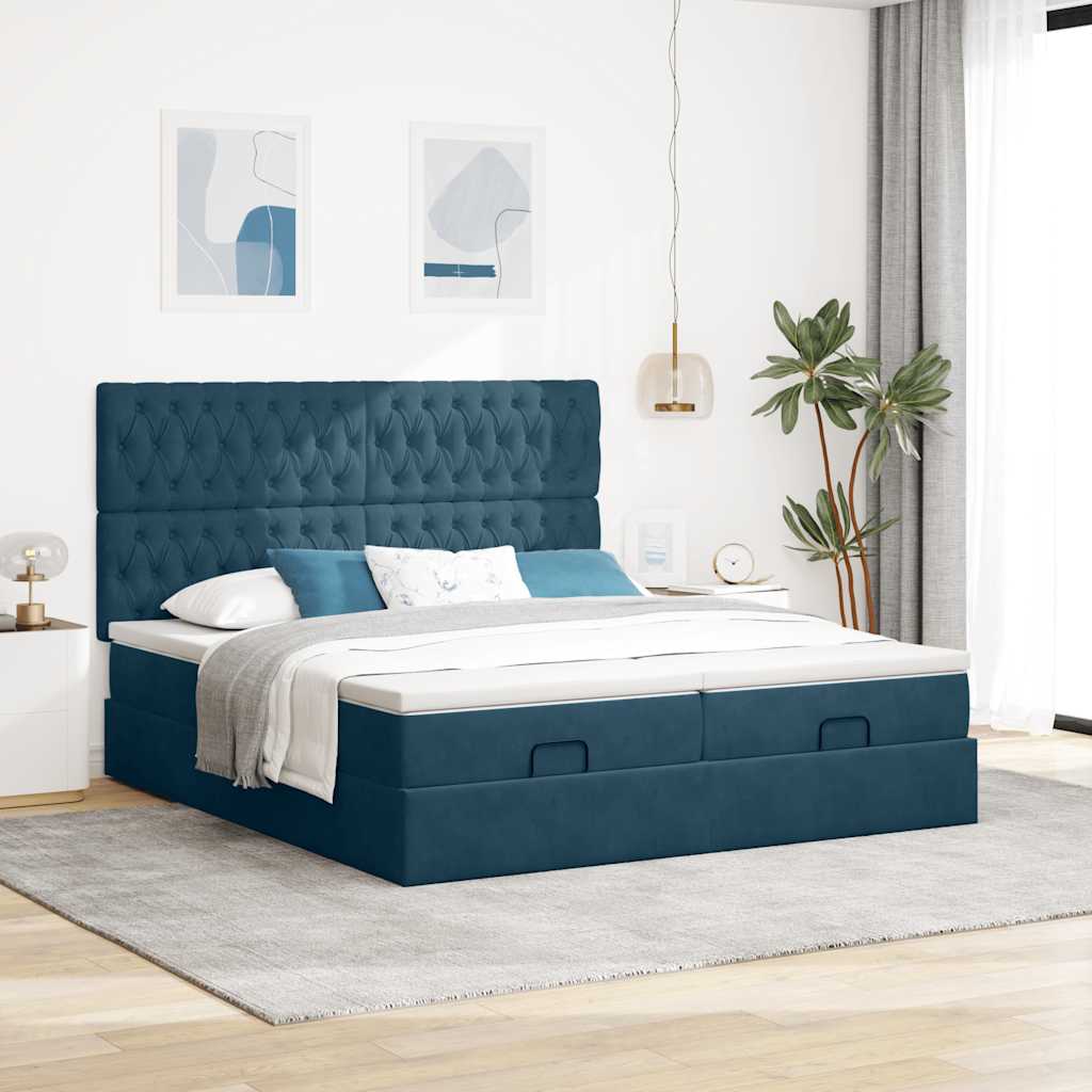 Cadre de lit ottoman avec matelas bleu foncé 160x200 cm velours - XIOS