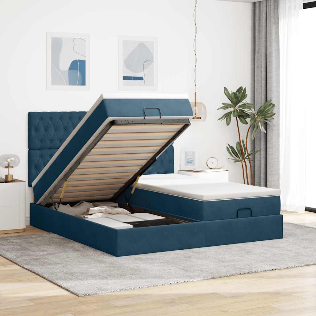 Cadre de lit ottoman avec matelas bleu foncé 160x200 cm velours - XIOS