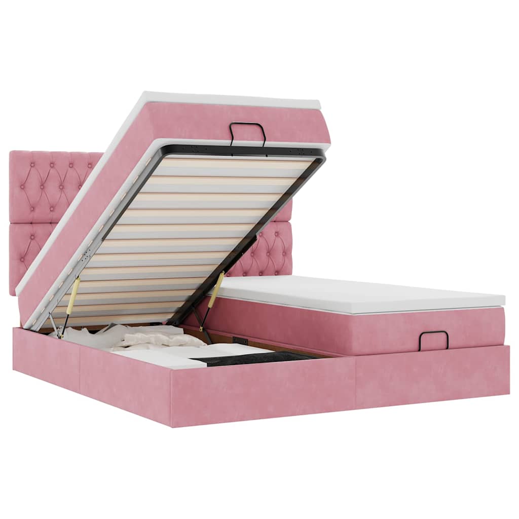Cadre de lit ottoman avec matelas rose 160x200 cm velours - XIOS