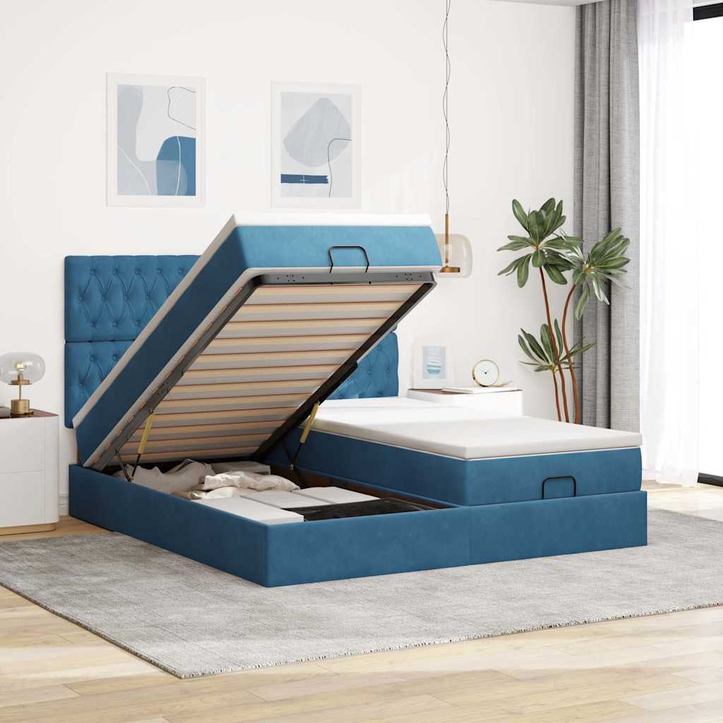Cadre de lit ottoman avec matelas bleu foncé 180x200 cm velours - XIOS