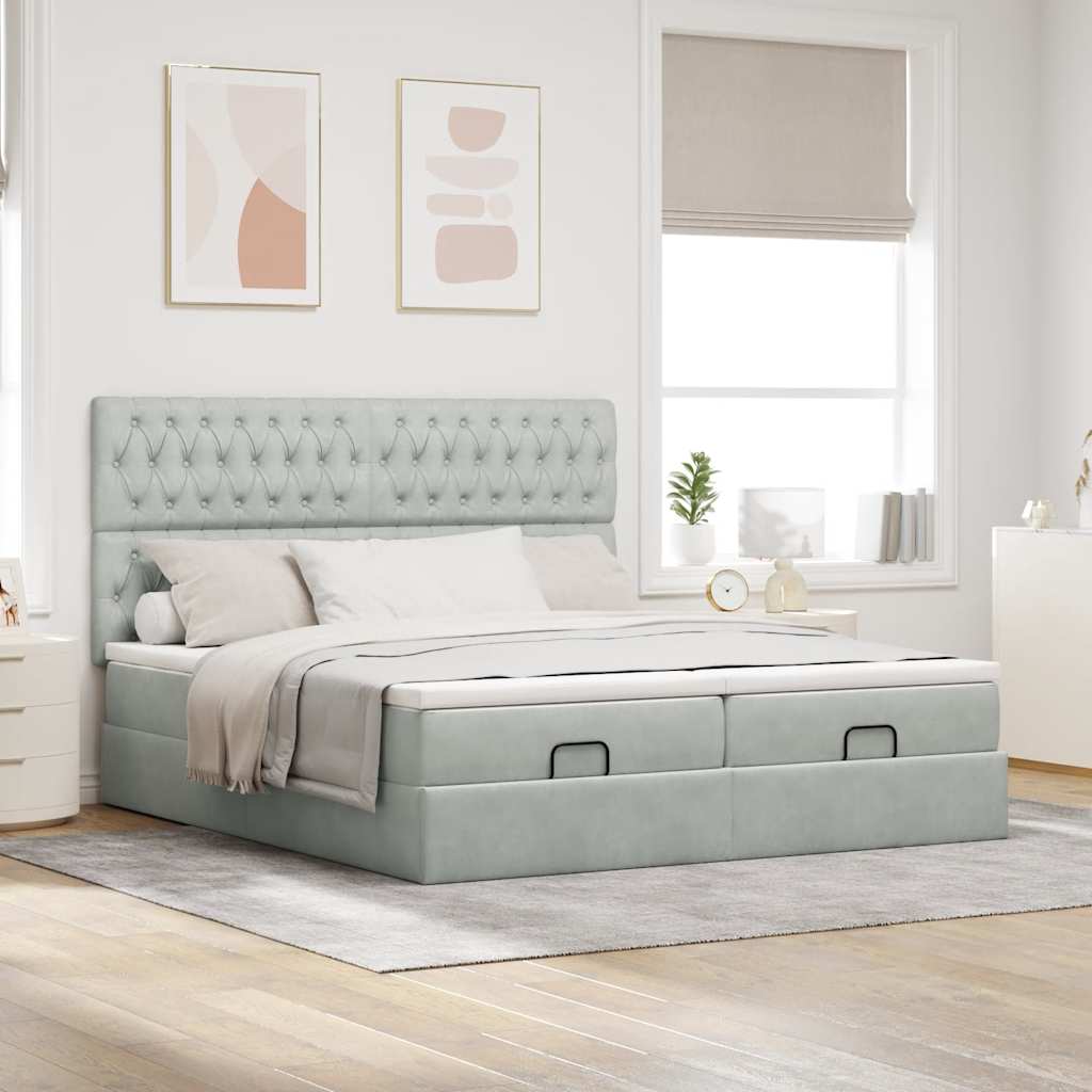 Cadre de lit ottoman avec matelas gris clair 200x200 cm velours - XIOS