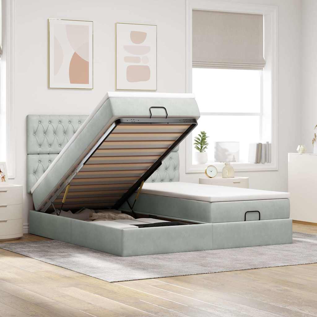 Cadre de lit ottoman avec matelas gris clair 200x200 cm velours - XIOS