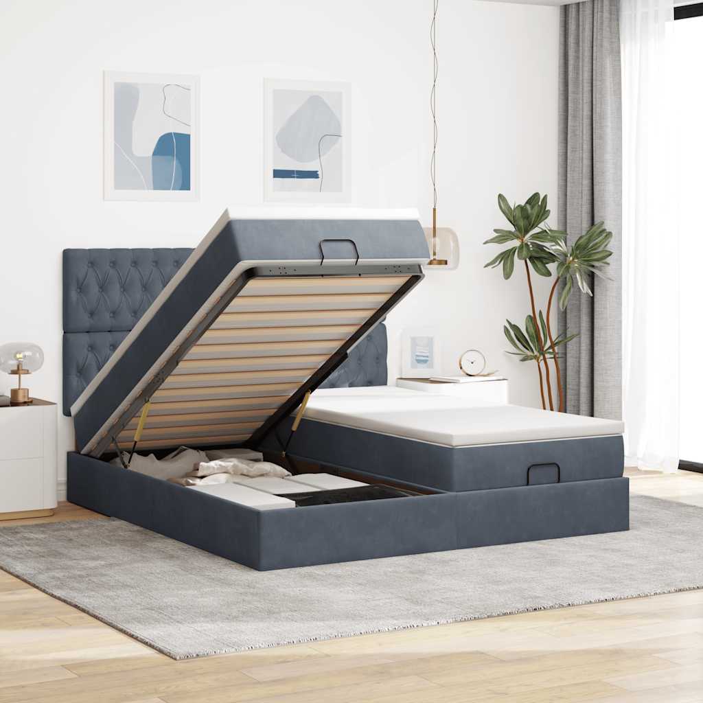 Cadre de lit ottoman avec matelas gris foncé 200x200 cm velours - XIOS