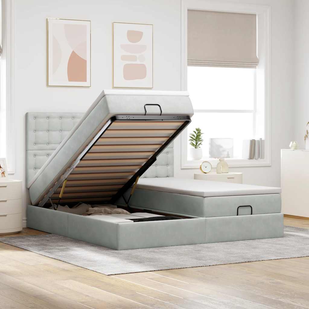 Cadre de lit ottoman et matelas gris clair 160x200cm velours - XIOS
