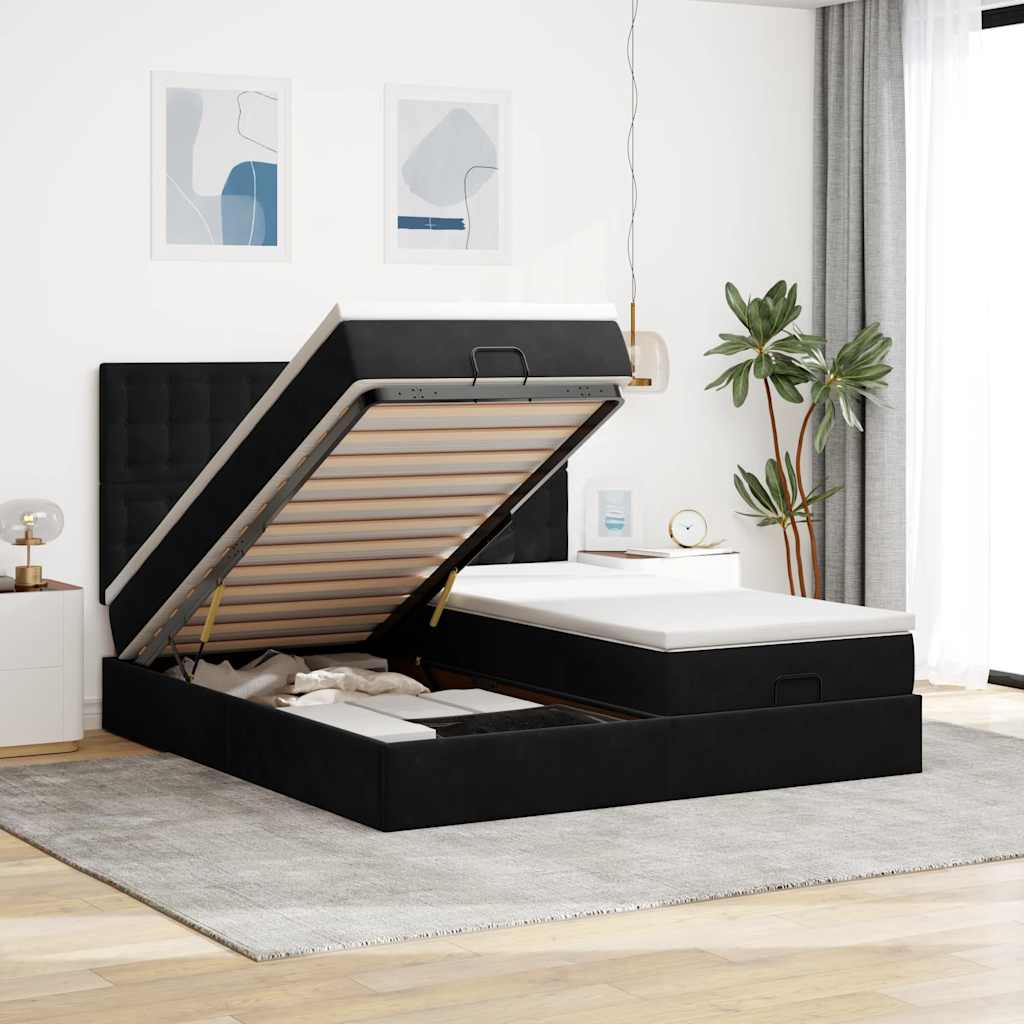 Cadre de lit ottoman avec matelas noir 160x200 cm velours - XIOS