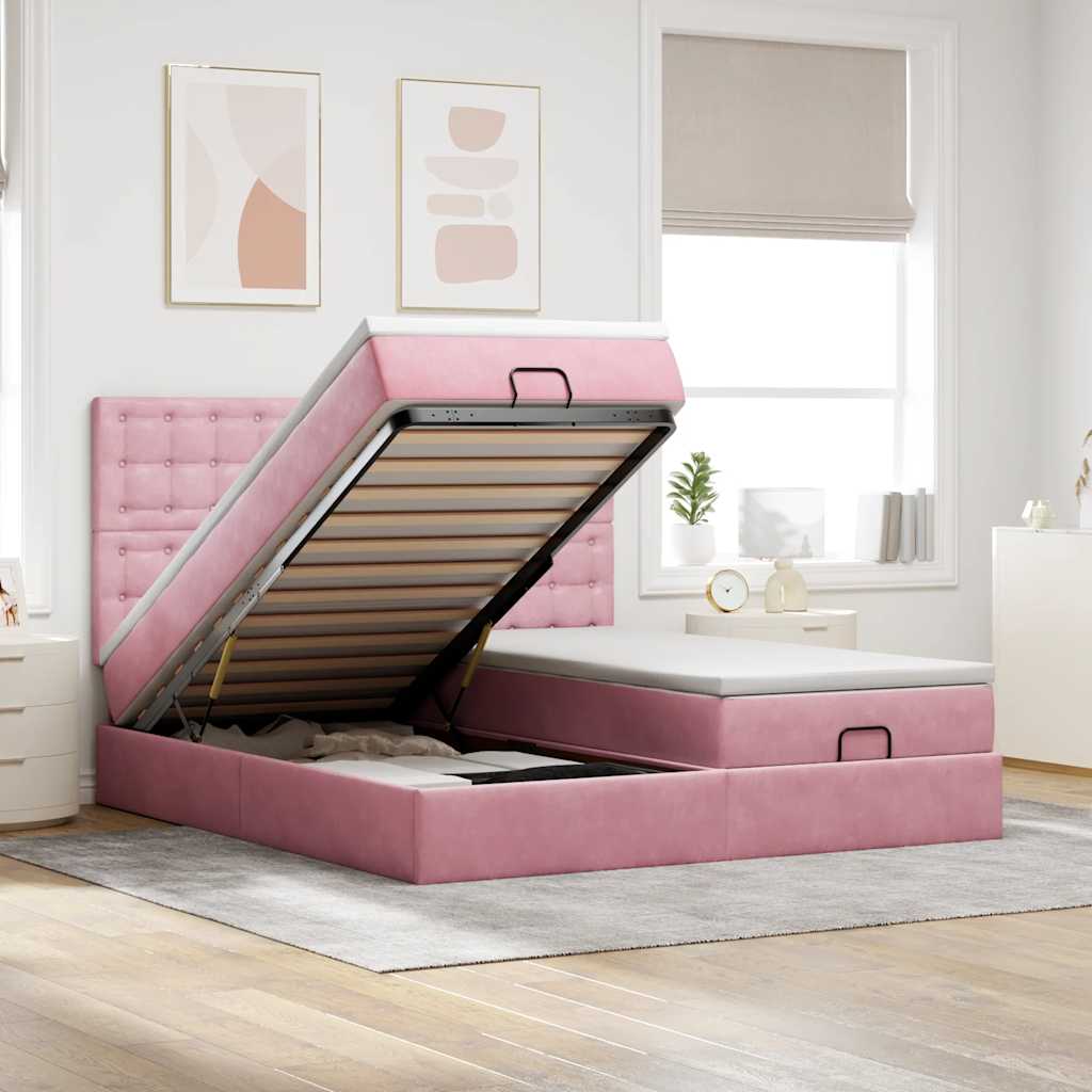 Cadre de lit ottoman avec matelas rose 160x200 cm velours - XIOS