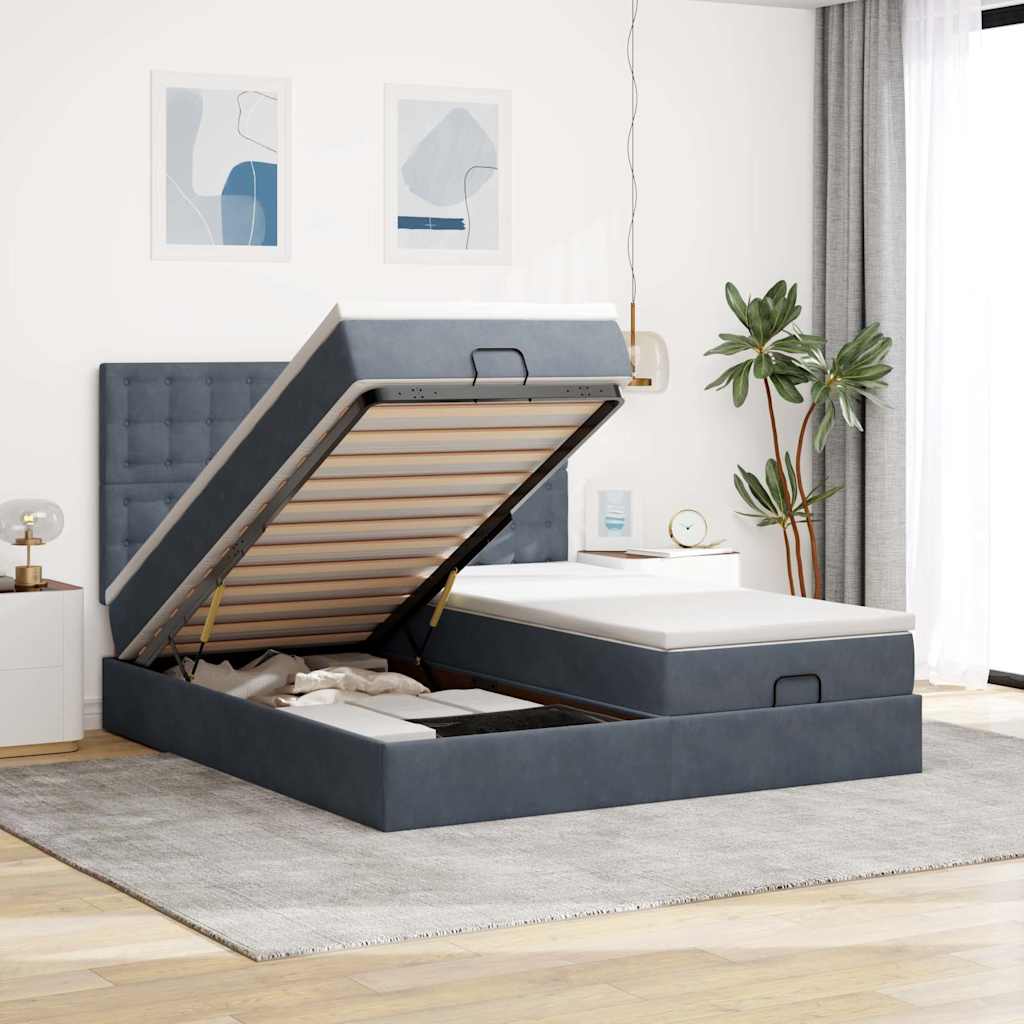 Cadre de lit ottoman avec matelas gris foncé 200x200 cm velours - XIOS