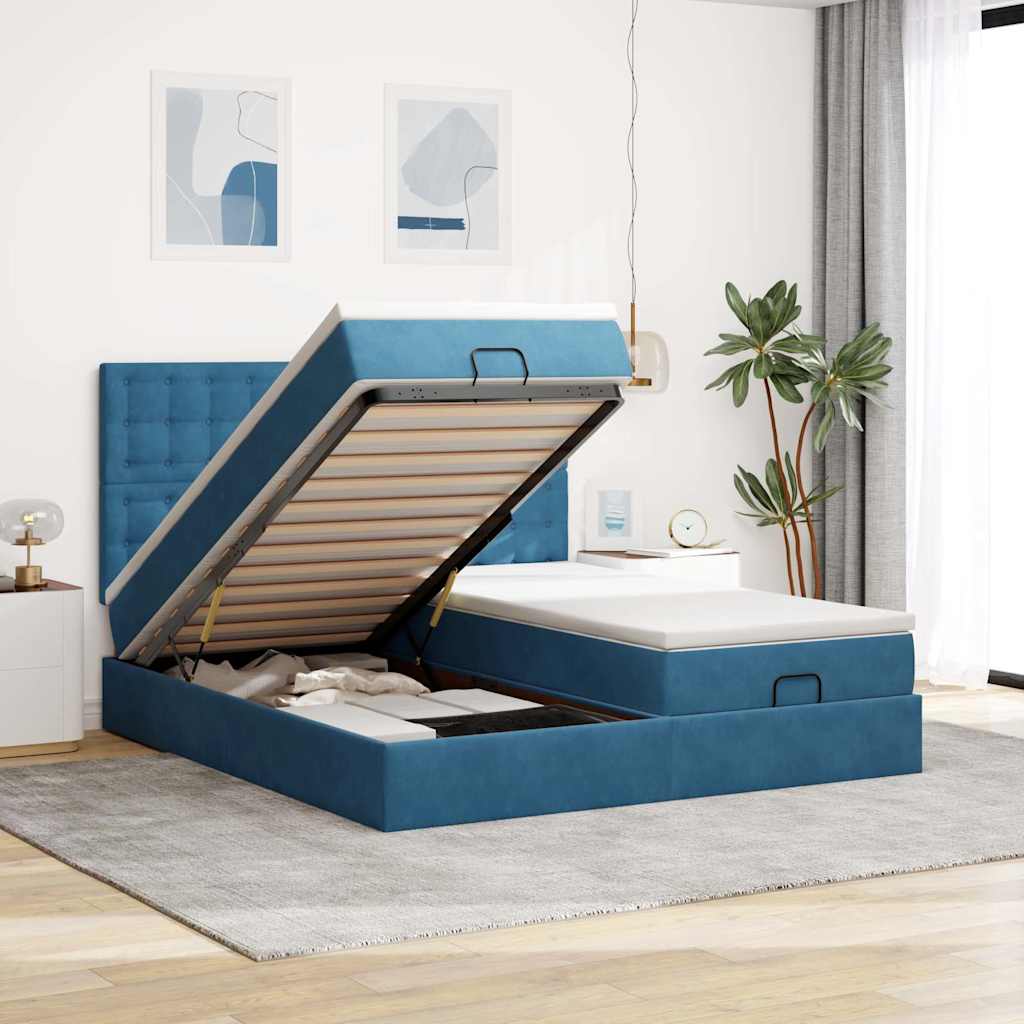 Cadre de lit ottoman avec matelas bleu foncé 200x200 cm velours - XIOS