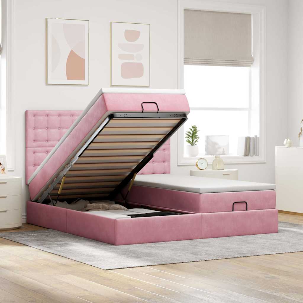 Cadre de lit ottoman avec matelas rose 200x200 cm velours - XIOS