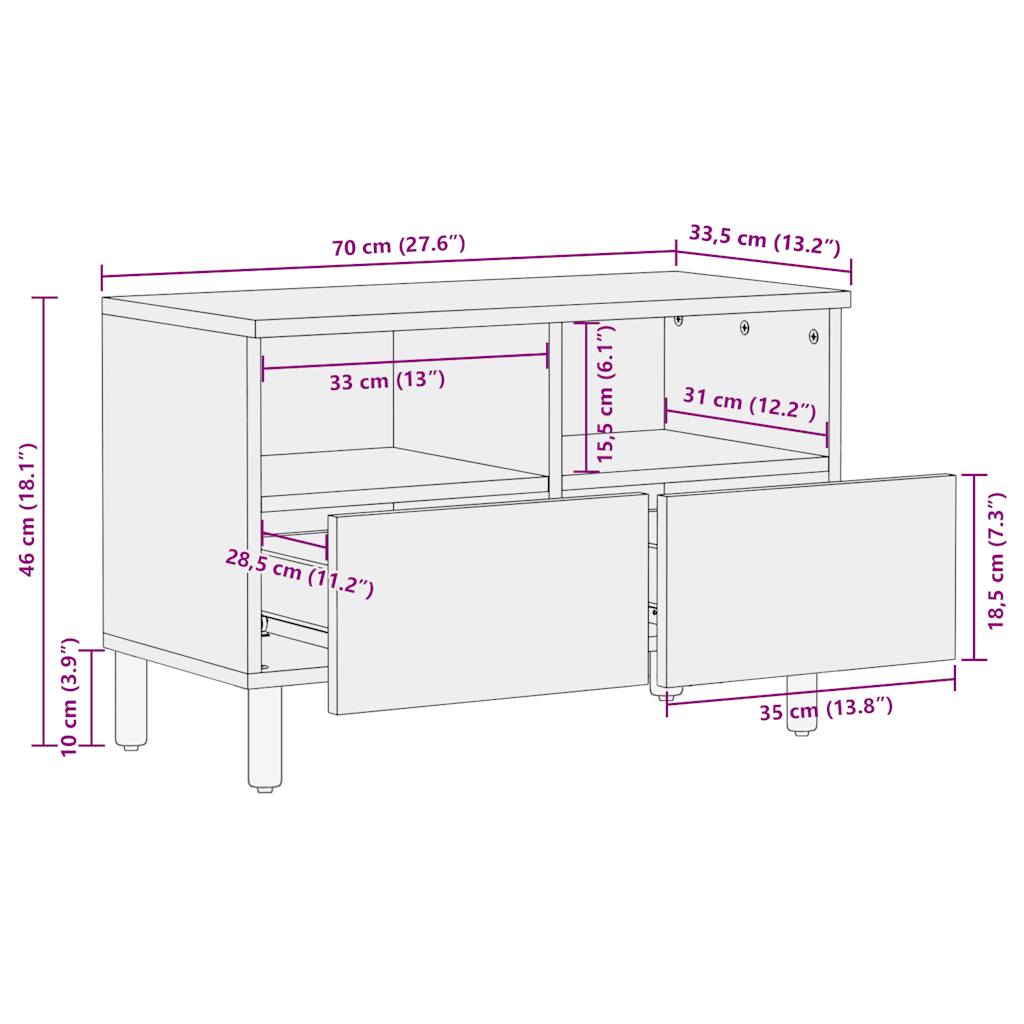 Meuble TV noir 70x33,5x46 cm bois massif manguier brut - XIOS