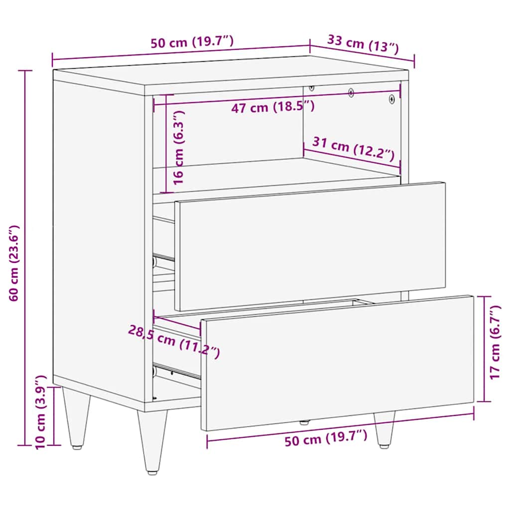 Table de chevet 50x33x60 cm bois de manguier massif - XIOS