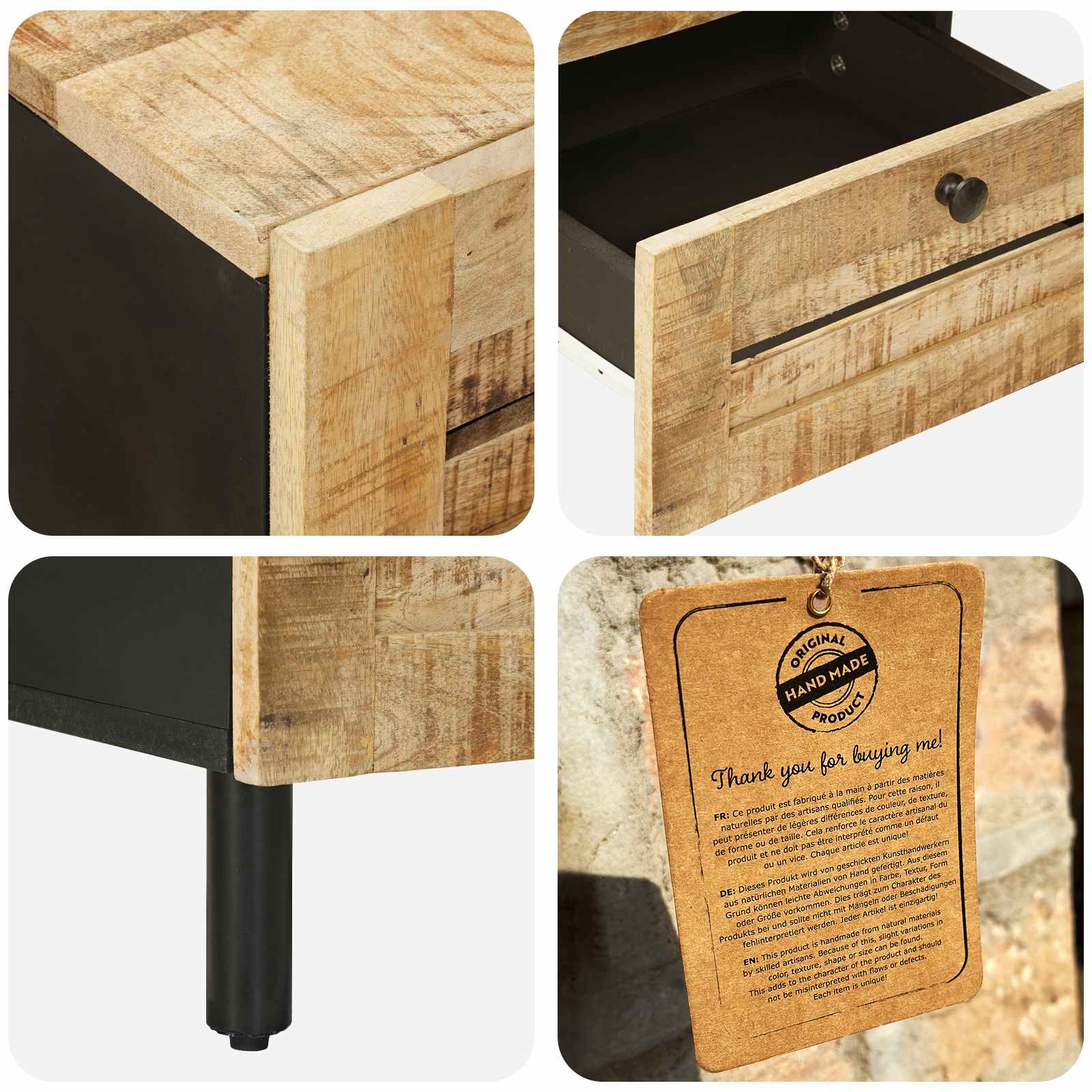 Table de chevet Naturel 40 x 33 x 46 cm Bois de mangue massif