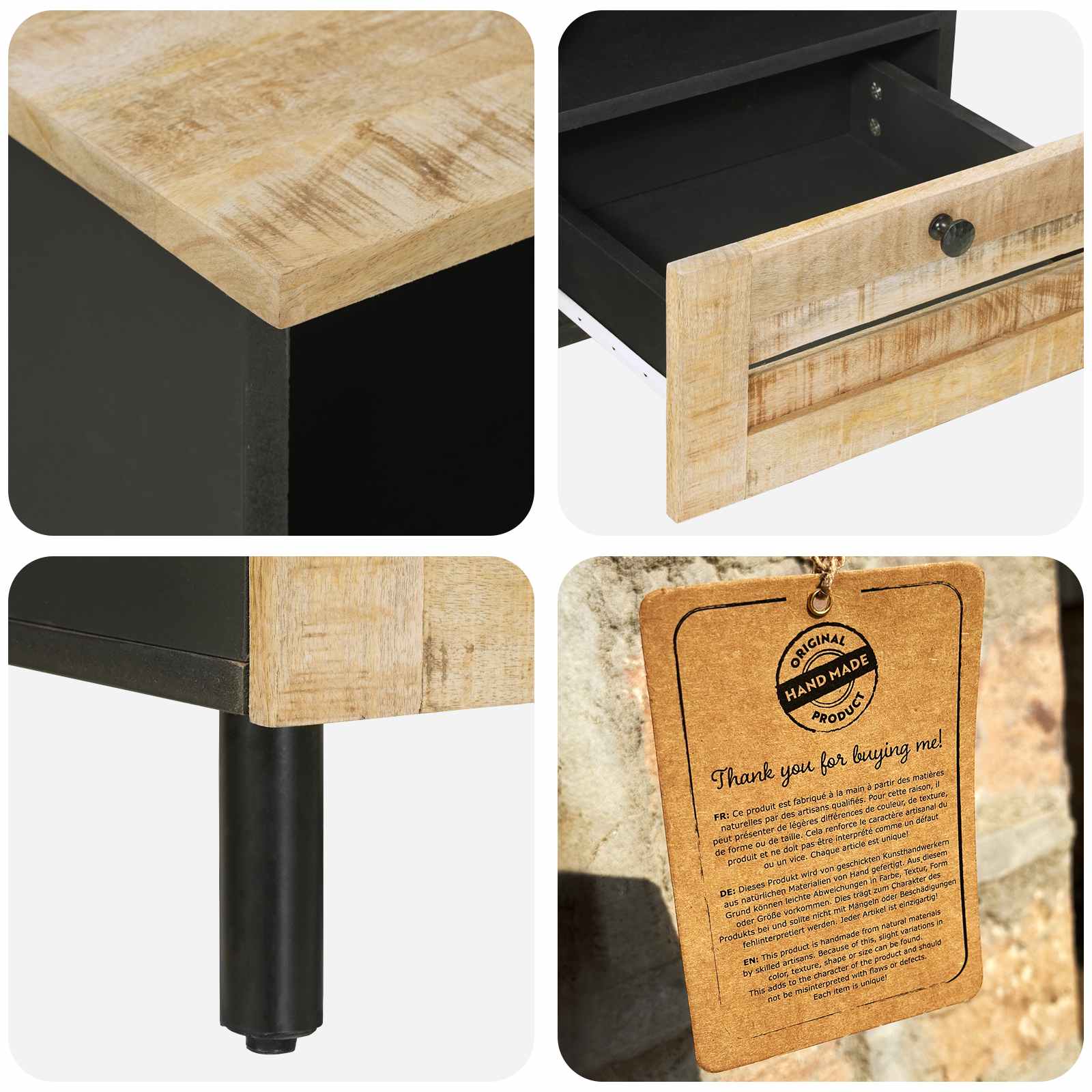 Table de chevet Naturel 40 x 33 x 46 cm Bois de mangue massif