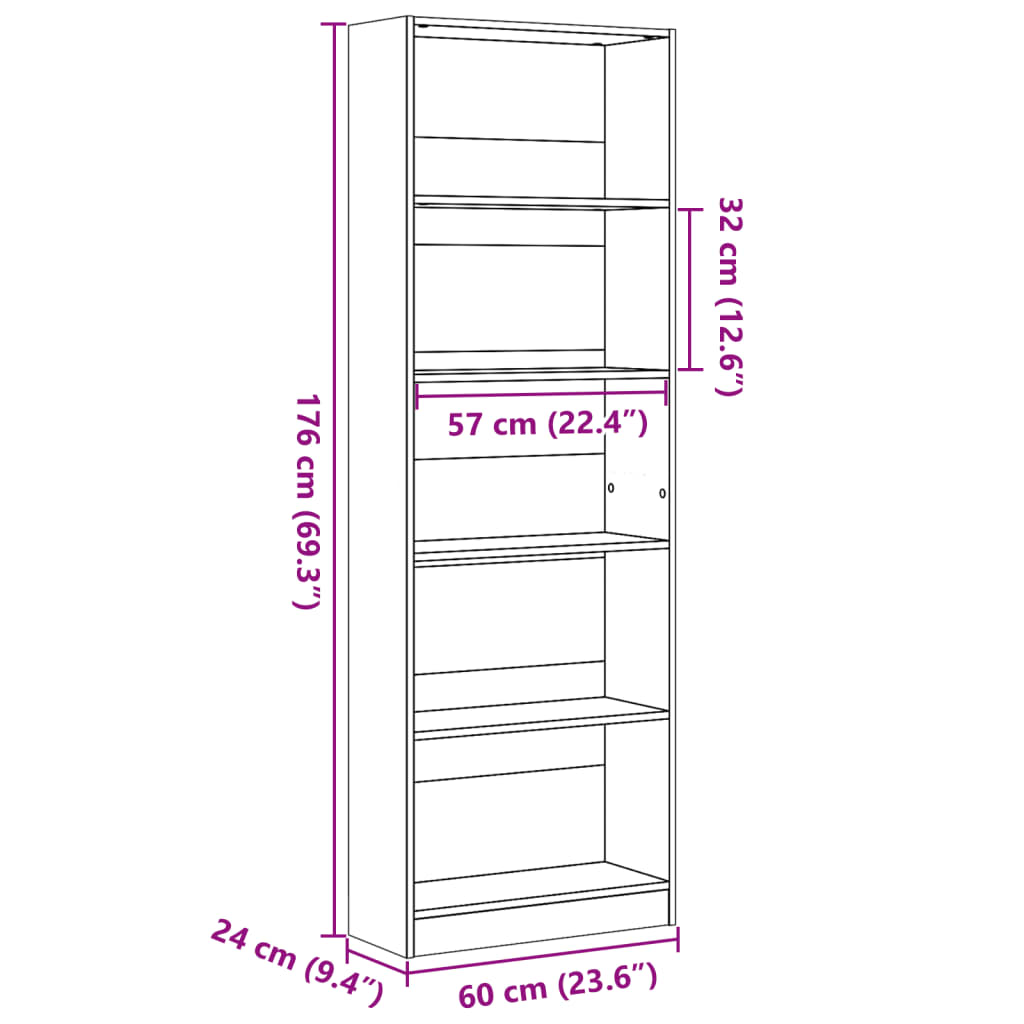 Bibliothèque vieux bois 60x24x176 cm bois d'ingénierie - XIOS