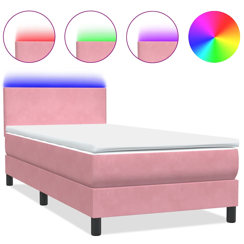 Sommier à lattes de lit avec matelas et LED rose 80x220 cm velours - XIOS