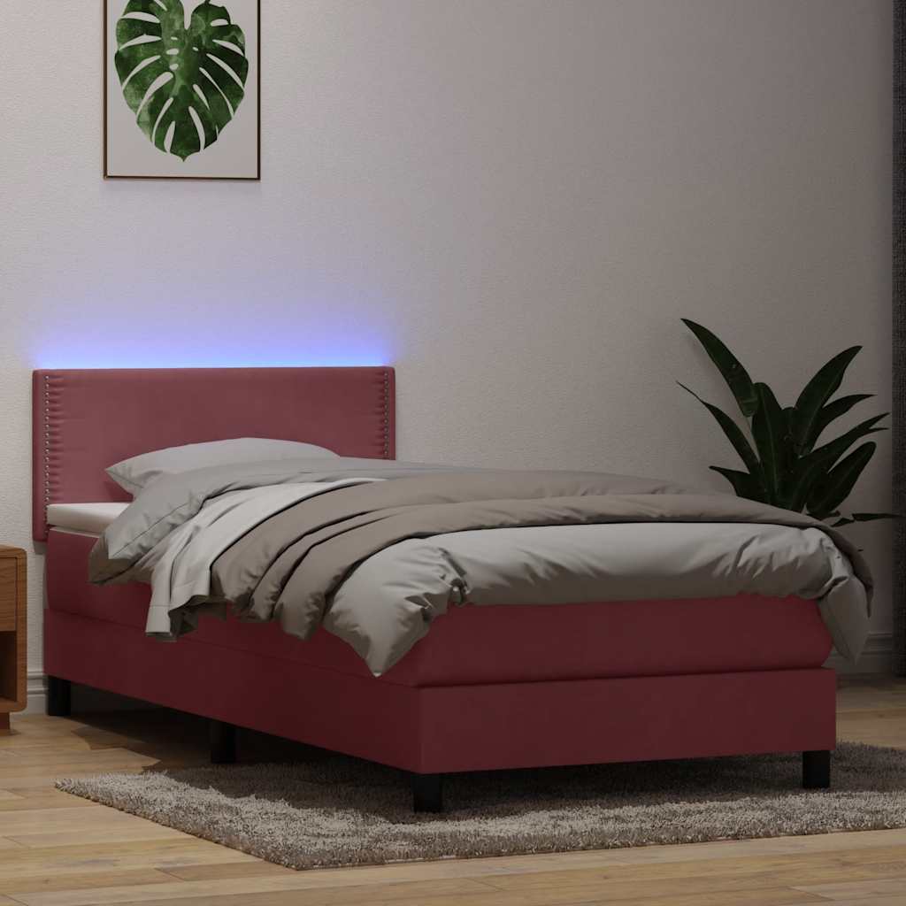 Sommier à lattes de lit avec matelas et LED rose 100x220 cm velours - XIOS