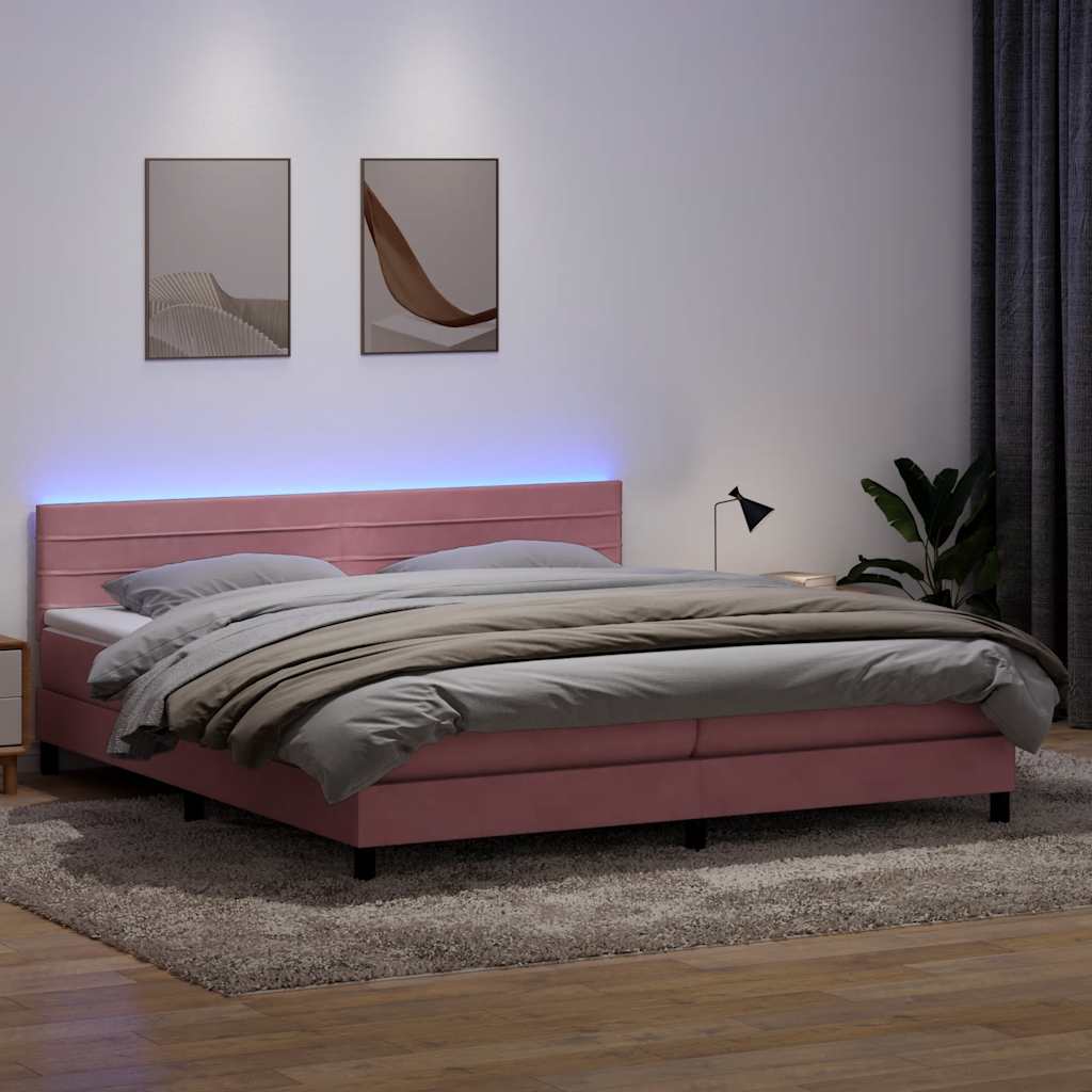 Sommier à lattes de lit avec matelas et LED rose 180x210 cm velours - XIOS