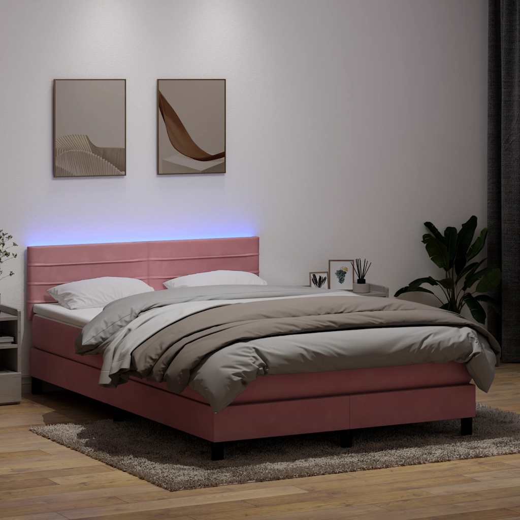 Sommier à lattes de lit avec matelas et LED rose 160x220 cm velours - XIOS
