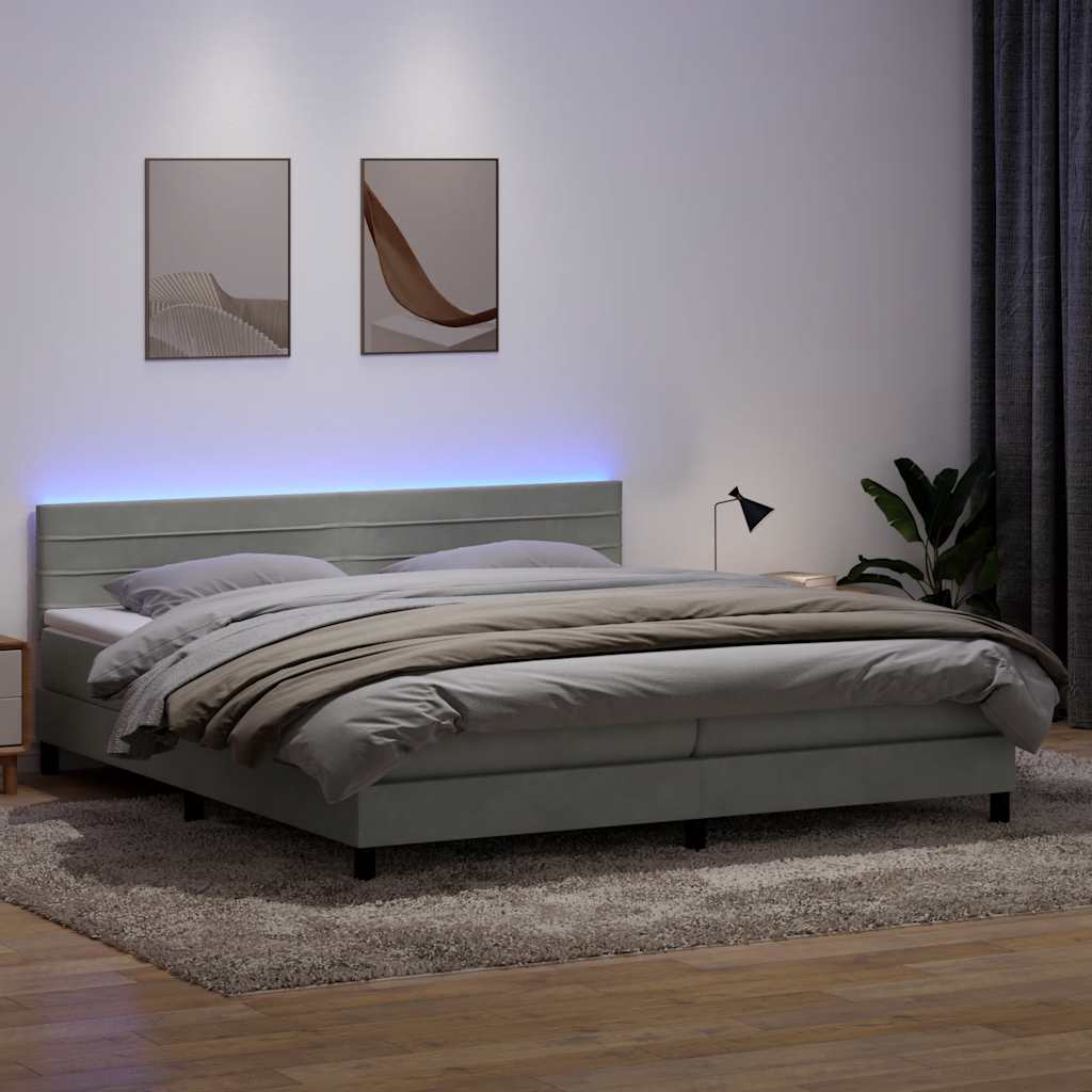 Sommier à lattes de lit et matelas et LED gris clair 180x220cm velours - XIOS