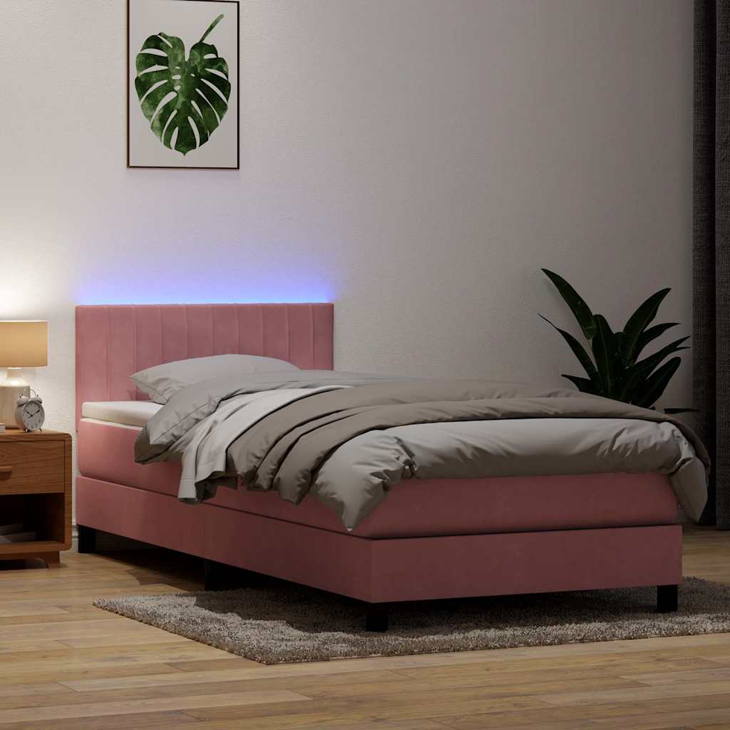 Sommier à lattes de lit avec matelas et LED rose 100x210 cm velours - XIOS