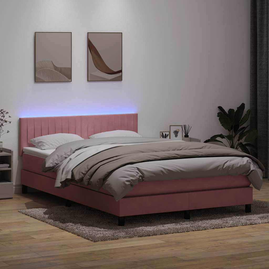 Sommier à lattes de lit avec matelas et LED rose 160x220 cm velours - XIOS