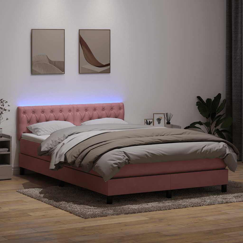 Sommier à lattes de lit avec matelas et LED rose 160x220 cm velours - XIOS