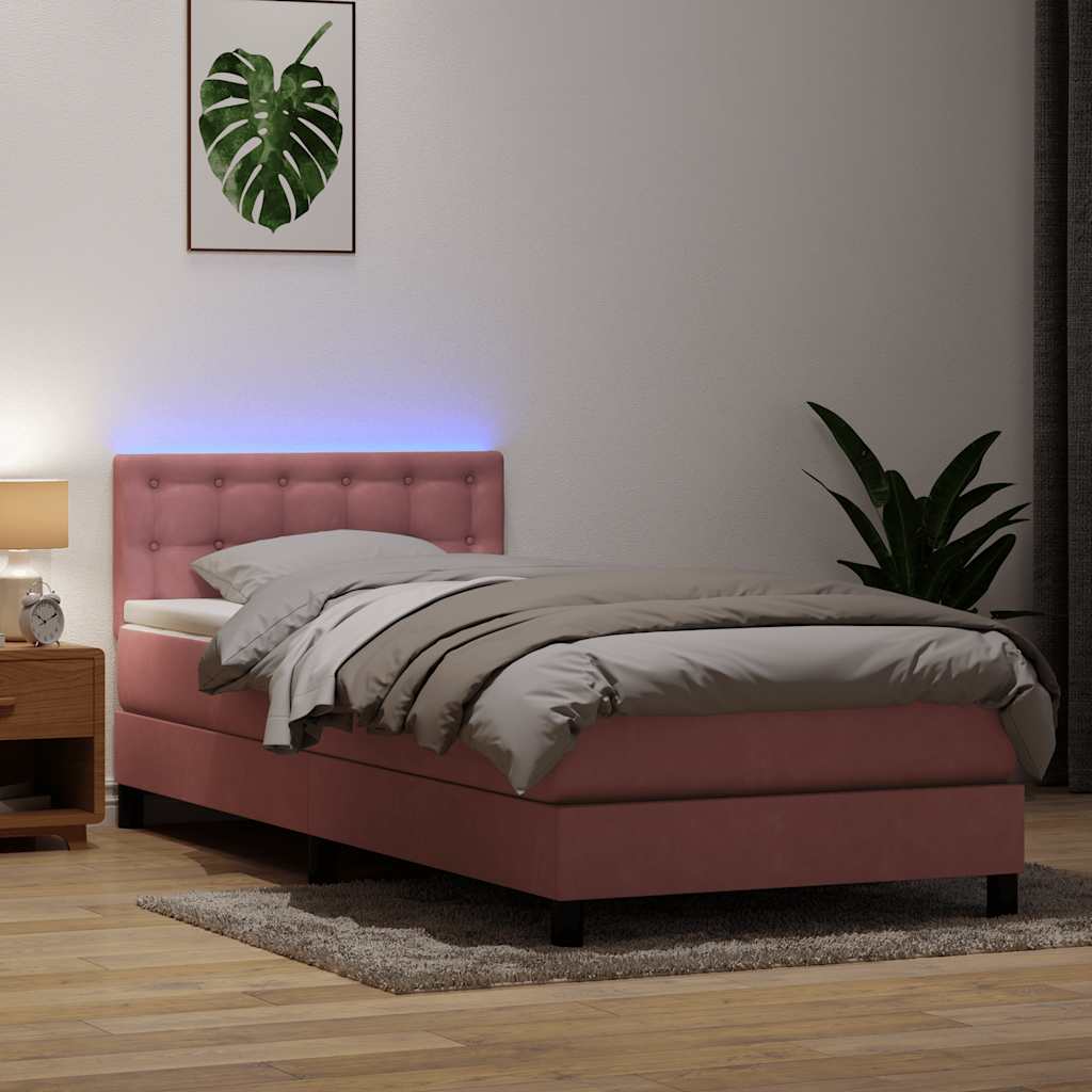 Sommier à lattes de lit avec matelas et LED rose 80x220 cm velours - XIOS